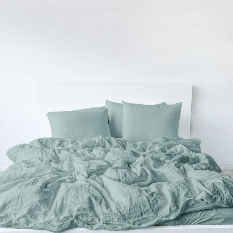 The Tangerine Store4-Piece Raw Edged Linen Cotton Mix Sheet Set (81x96 in) - Moss Green Full Sheet Set with Standard Shams - Pre-Washed, Handmade - Home Decor