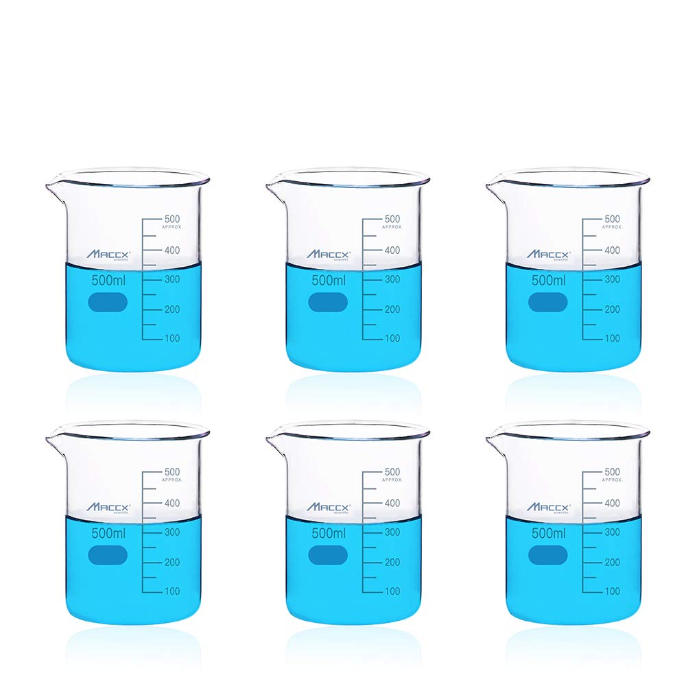 Vaso de vidrio resistente de 500 ml, forma baja de borosilicato 3.3 con graduación impresa, paquete de 6, BKL500-006