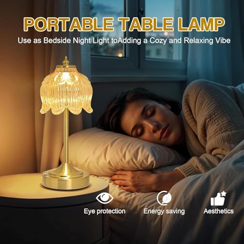 Image of NYRWANA Flower Rechargeable Cordless Glass Table Lamp | 2000mAh Battery | 3 Colour Touch Control, Stepless Dimming, USB-C Charging | Metal Gold Bedside Lamp for Bedroom, Living Room, Home Decor