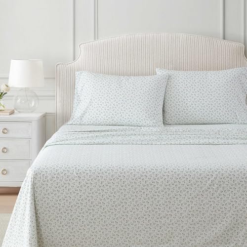 Image of Martha Stewart - Full Size Sheet Set, Crisp & Tailored Bedding with a Smooth Cotton Percale Feel, Deep Pocket, Bed Sheets with Matching Pillowcases & Fitted Sheet (Kennedy Floral Green)