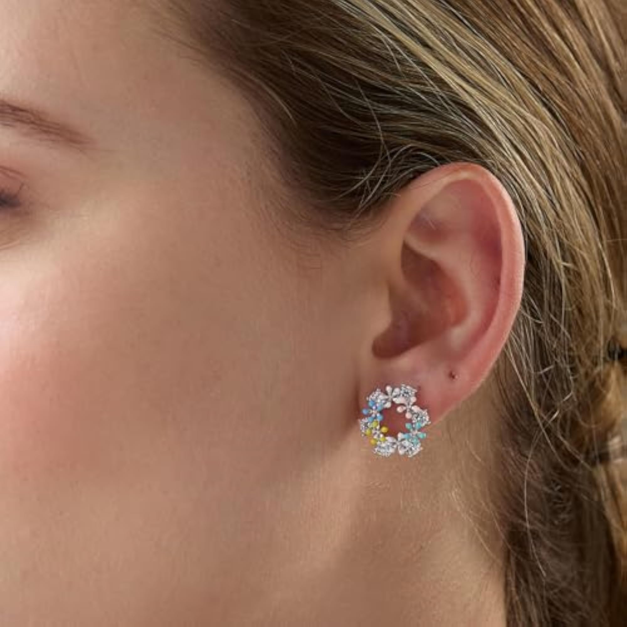 Multicolour Enamel Floral 925 Sterling Silver Earrings Set