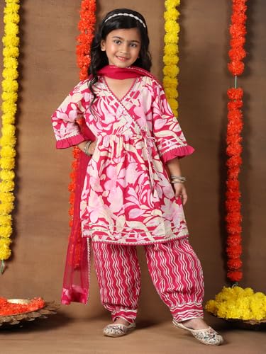 Image of superminis Girls Cotton Floral Printed Kurti Palazzo Style Salwar Set With Net Dupatta Kids Ethnic Wear Set