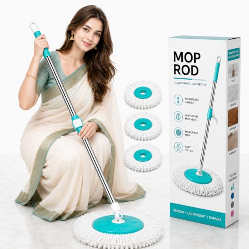 Image of Mi|Ton Spining Mop Set | Adjustable Mop Rod for Floor Cleaning | Stainless Steel Handle & 3 Microfiber Refills ,Easy to fit &use for All Types of Mops - ( C-Green )