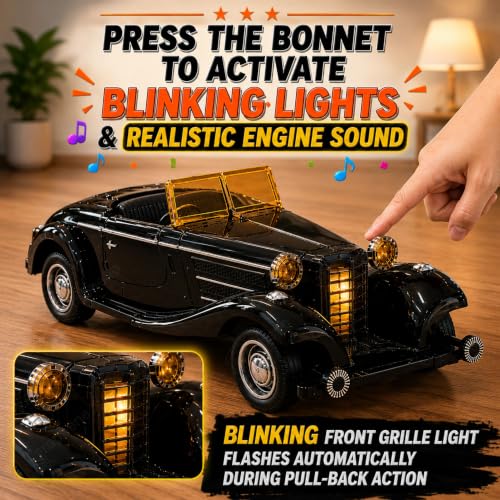 Image of GRAPHENE 1:32 Metal Diecast Vintage Toy Car Pull Back Action Light Sound Openable Doors Decorative Item Antique Retro Classic Model Car for Kids Toddlers Car Collectors Birthday Gift(Black)