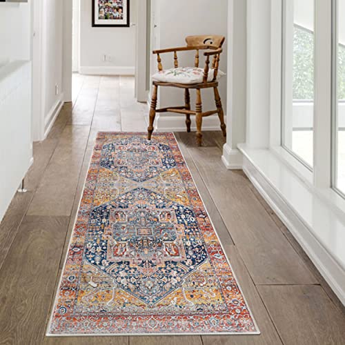 Famibay Vintage Hallway Runner Rug With Rubber Backing 2X6 Rug Runners For Hallways Non Slip Washable Runner Rug Low Pile Cotton Weave Traditional Floor Rug Runner For Kitchen Hallway Entryway cover