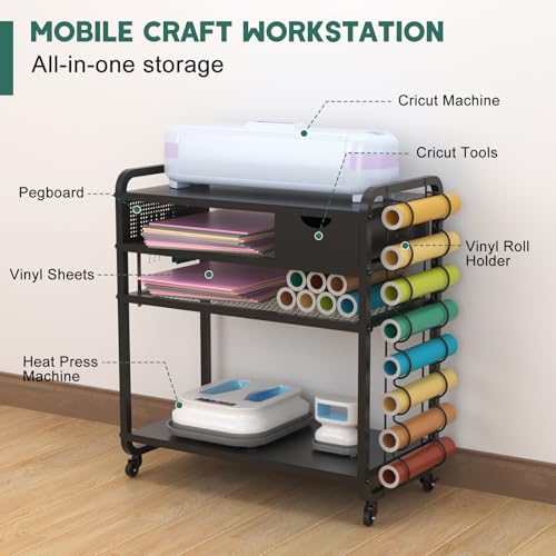 Yumkfoi CR-010ST Craft Cart Compatible With Cricut Machine And Vinyl Roll, Rolling Storage Organizer Craft Storage Cart With Diy Pegboard, Vinyl Roll Holder, Mobile Organization Table Desk Cabinet Workstation thumb #1