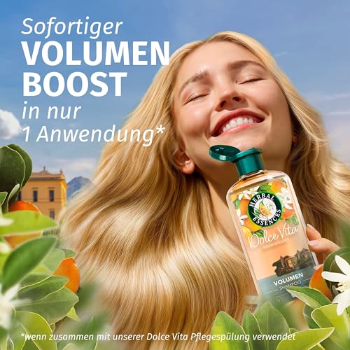Herbal Essences Volumen Shampoo mit Orangenduft 350ml, Von feinem Haar zu gestärktem Haar voller Volumen von der Wurzel bis zur Spitze, Mit Inhaltsstoffen natürlichen Ursprungs, Vegan, ohne Silikone
