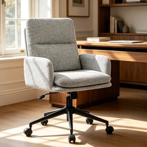 Image of Comfortable Ergonomic Office Chair, Upholstered Desk Chair with Double-Layer Cushioning, Adjustable Height Swivel Task Chair with Padded Armrests, Rolling Wheels and Metal Base, Light Grey
