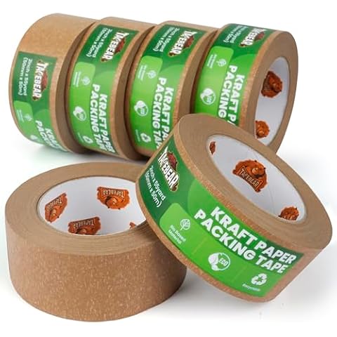 TAPEBEAR Eco-Friendly Kraft Paper Tape, Biodegradable Heavy Duty Packing Tape 2Inch x 55Yard, Recyclable Packaging Tape Self Adhesive Box Tape for Shipping, Sealing, Moving & Masking, 6Rolls Cover