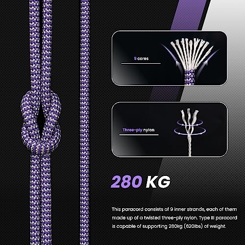 Abma Cord Paracord 620 lbs 4mm 9 Strands 100% Nylon 30M - Purple & Silver Grey, Shockwave-purple & Silver Grey, 30 Meters - Image 3