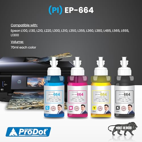 Image of ProDot ProSeries Ep-664 Inkjet Ink Refill Compatible with Epson L100, L130, L210, L220, L300, L310, L350, L355, L360, L380, L485, L565, L655, L1300, L1455 Ink Tank Printers (70 ml, C /M /Y /K)
