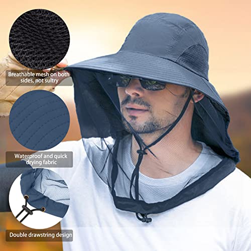 VIPITH Mosquito Net Hat, Safari Hat Sun Hat Mosquito Head Net Hat Bucket Hat Fishing Hat with Net Mesh for Outdoor Fishing Hiking Gardening Men Women(Navy Blue) - Thumbnail 5