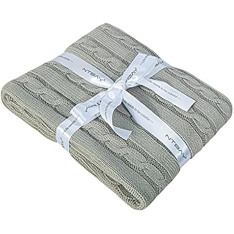 NTBAY 100% Pure Cotton Cable Knit Toddler Blanket, Super Soft and Warm Breathable Baby Blanket for Cot Bed, Stroller, Nursery, Travel, Newborn, Grey, 76x102 cm Cover