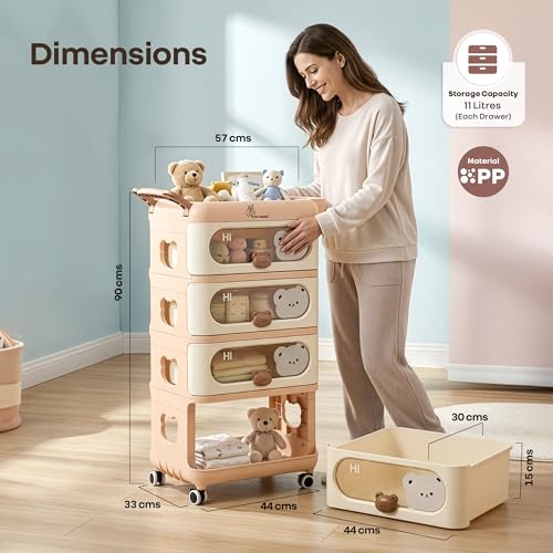 Image of R for Rabbit Kiddo Korner Bear Baby Organiser with Drawers & Wheels | Kids Toy & Clothes Storage with Open Shelf & Side Basket | Easy Plug N Play Installation with Lockable 360 Wheels (Brown Cream)