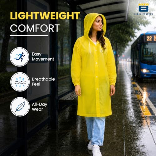 Image of Reusable EVA Hooded Raincoat| Transparent Waterproof Rain Wear for Men & Women | Elastic Full Sleeves | Front Button Design | Knee Length Free size