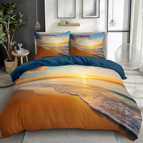 Quixora Housse De Couette 240 x 260 cm Coucher de Soleil sur la Plage Sable doré Parure De Lit avec Fermeture éClair Microfibre Bleu Ciel Housse De Couette,...