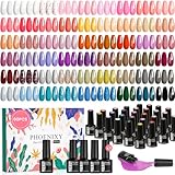 60Pcs Esmaltes Semipermanentes para Uñas, Phoenixy 162 Efectos 54 Colores de Pintauñas Semipermanentes Kit Incluye Top Coat, Base Coat, Matte Coat, Glitter Coat, Kit Uñas Semipermanentes Rosa, Azul