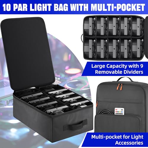 Aleemin Par Light Bag Soft Padded for 10 Par Lights, Stage Lighting Case with Removable Dividers & Backpack-strap & Handle, Lights Bag with Large Pocket for Par Light, Spotlight, Led Light, DJ Light - Thumbnail 3
