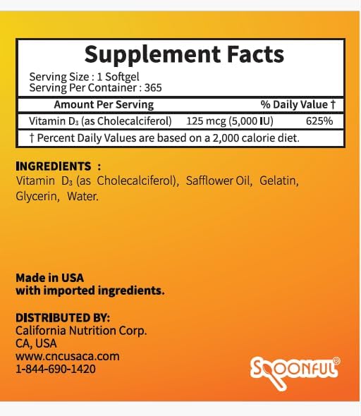 Miniatura 4 de Vitamina D3 con aceite de coco, 5000 UI125mcg, suministro de 1 año 365 cápsulas de cápsulas, salud ósea y apoyo al sistema inmunológico, fabricado