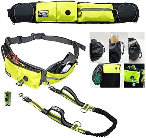 TAKSIN The Ultimate Hands Free Dog Leash for Walking Running Hiking Training, Reflective Bungee Leash, Treat Holder, Poop Bag Dispenser for Small Medium Large Dogs (Yellow Deluxe Pack)