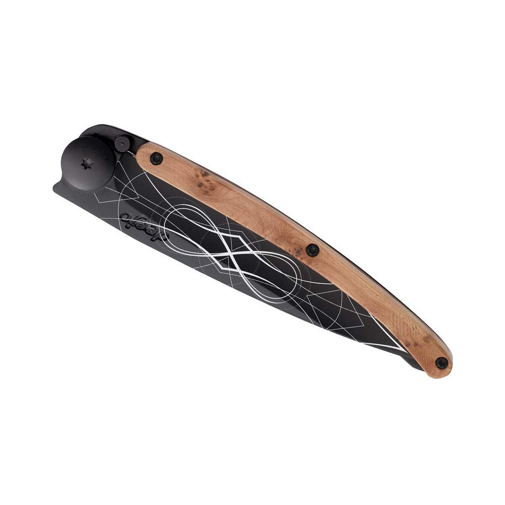 Deejo - Couteau de Poche Pliant 37g - Manche en Bois de Genévrier, Lame en Acier Inoxydable Z40C13 - Motif Infini - Couteau de Table, Randonnée, Camping, Bivouac