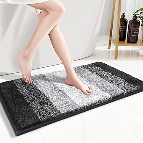 Bathroom Rugs, Non Slip Bath Mat for Bathroom, Super Absorbent Soft Bath Rugs with Plush Shaggy Microfiber, Striped Pattern Bathroom Mats, Machine Washable, 20" x 32", Black Cover