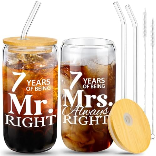 7th Anniversary Wedding Gifts 16 oz Couple Wife Husband Gifts Drinking Glasses with Lids and Straws Anniversary Present for Mom Dad Couple Grandparents Anniversary Presents