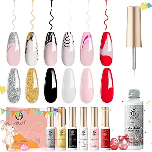 beetles Gel Polish Nail Art Gel Liner Set-6 Popular Black White Red Colors Gel Art Paint for Swirl Nails Built Thin Nail Art Brush in Bottle Gel Pens Soak off Gold Silver Glitters Nail Art Gel Gift