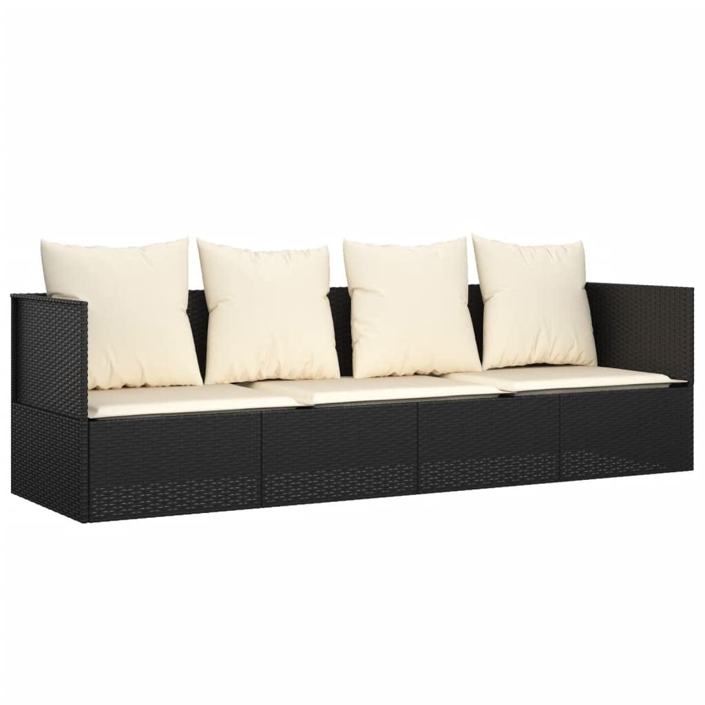 Cama de salón para exteriores con cojín de polirratán negro con 4 cojines reclinables color negro con marco de acero