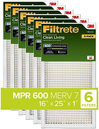 Filtrete 16x25x1, AC Furnace Air Filter, MPR 600, Clean Living Dust Reduction, 6-Pack (exact dimensions 15.69 x 24.69 x 0.81)