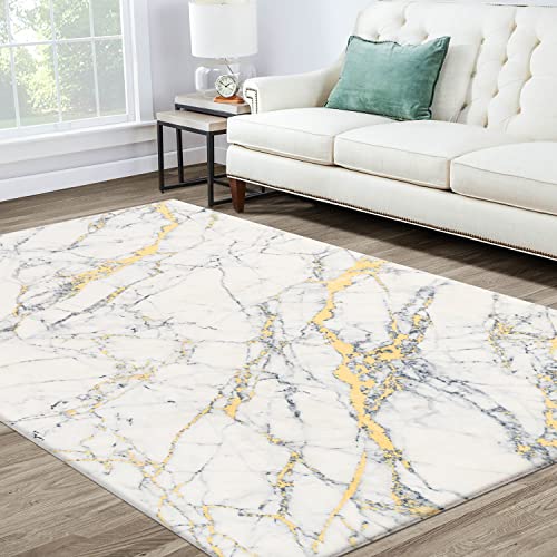 Asrug Velvet Modern Accent Area Rugs Marble Design Throw Rug Contemporary Chic Microfiber Soft Shag Carpet For Bedside Laundry Kitchen Bathroom, Grey&Gold Marble Design, 5X7 Feet #TOP4