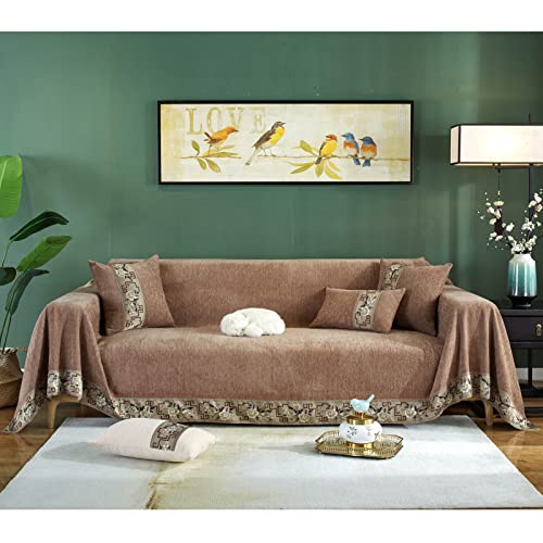 Funda grande de chenilla para sofá de esquina de 3 plazas, protector de sofá y decoración de sala de estar, color marrón (180 x 330 cm)