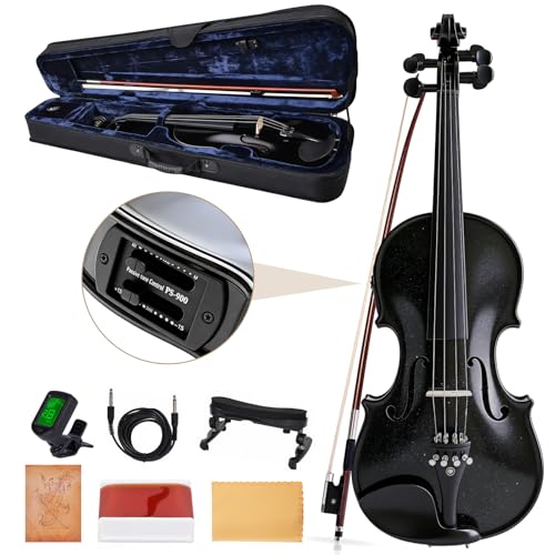 Image of Electric /Acoustic Violin with Ebony Accessories with Carrying Case, Violin Bow, Bridge, Shoulder Rest, Stickers, Tuner, Instruction, Handcraft with Maple, Spruce (Black)