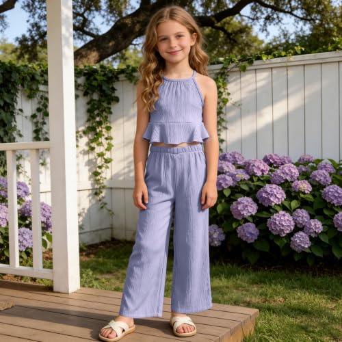 G.COW Girls 2 Piece Outfit Halter Neck Ruffle Crop Top Wide Leg Pants Set - image 2