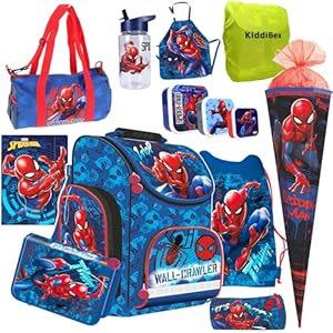 KiddiBex Spiderman Schulranzen Set 13-TLG. - Schultasche Jungen 1. Klasse - Grundschule Ranzen - Ergonomischer Schulrucksack