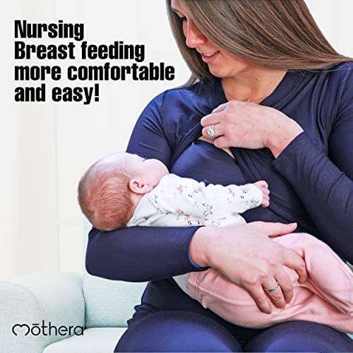 Mothera Women\'s Nursing Maternity Tops for Breastfeeding Comfy and Soft Long Sleeve Nursing Shirts for Postpartum, New Mom Essentials, M/L Navy and Black 2 Pack