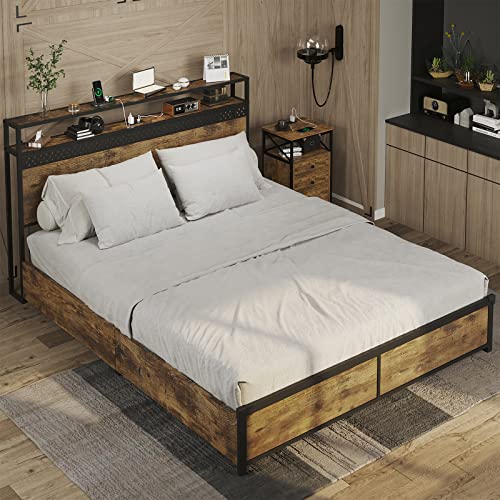 Adorneve Full Size Bed Frame With Drawers And 2-Tier Storage Headboard, Industrial Metal Platform Bed Frame With Outlets And Usb Ports, No Box Spring Needed, Easy Assembly, Vintage Brown #TOP4