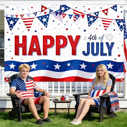 Image of IVN Happy 4th of July Backdrop Banner 71 x 43 Inch USA Flag Bunting Background Photo Booth Backdrop Independence Day Party Decorations Supplies Memorial Day Veterans Day Indoor Outdoor Decor