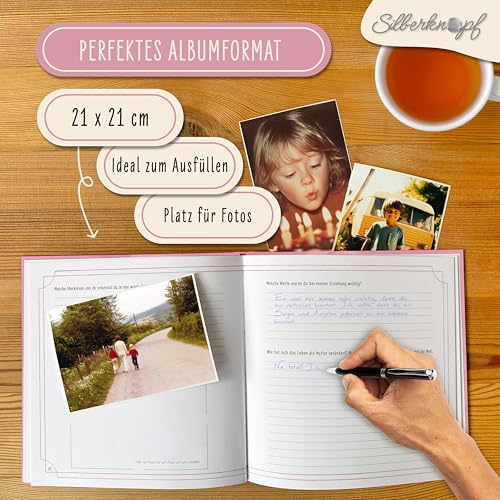 Silberknopf® Mama erzähl mal | Erinnerungsbuch zum Ausfüllen | Mama Buch als besonderes Geschenk zum Geburtstag, Weihnachten, Muttertag | Familienbuch als einzigartige Geschenkidee (Rosa)