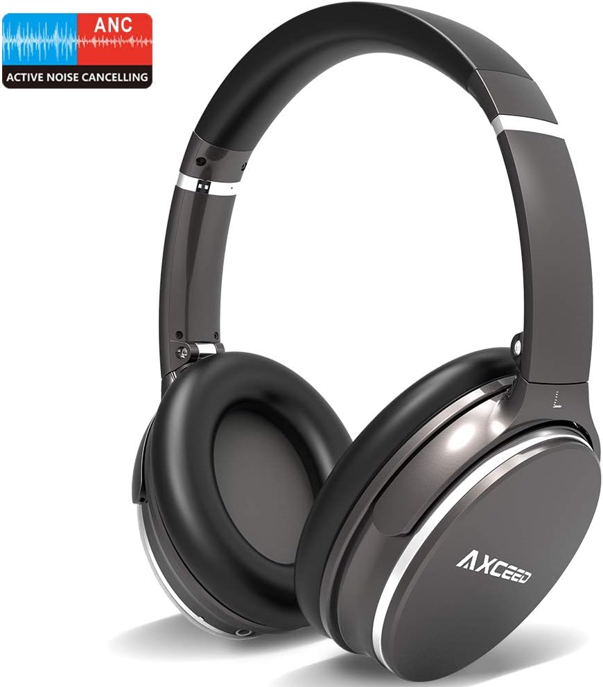 Active Noise Cancelling Bluetooth Headphones, Wireless Over Ear Headset with Mic Hi-Fi Sound Deep Bass, Foldable Soft Protein Ear Pads, 12 Hours Playtime for Travel Work TV PC Cellphone (Silver)