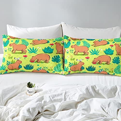 Cute Capybaras Bedding Set Twin Size,Cartoon Style Duvet Cover For Kids Boys,Funny Capybaras Birds Comforter Cover Kawaii Room Decor For Teens Girls,Lovely Rodent Animals Quilt Cover 1 Pillowcase #TOP4