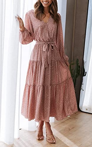Prettygarden Women’s Long Sleeve V Neck Leopard Print Ruffle Maxi Dress Tie Waist Boho Chiffon Flowy Long Dress (Pink, Medium) #TOP4
