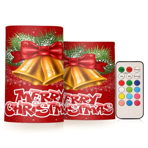 Image of Flickering Flameless Candles, Christmas Bells LED Candles with Remote Timer, Set of 2 Battery Operated Candle for Valentine Wedding Birthday