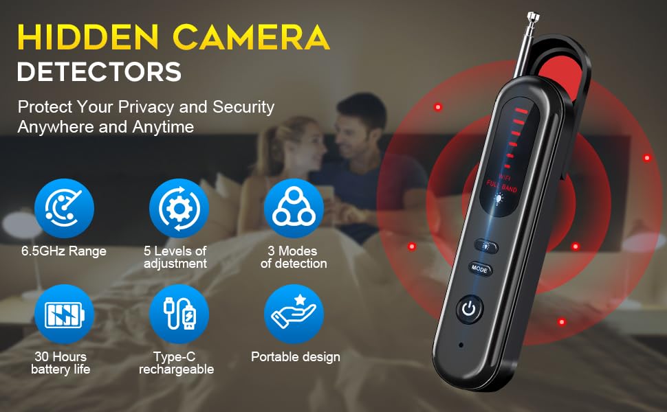 Image of Hidden Camera Detector, Anti-Spy Detector, Hidden Device GPS Detector, Camera Detector, Bug Detector, Privacy Protector, Signal Scanner for Hotels Office Home Travel, 5 Levels Sensitivity (A1)