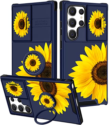 Goocrux (2in1 for Samsung Galaxy S23 Ultra Case Sunflower for Women Girls Girly Floral Phone Cover Cute Flowers Design with Slide Camera Cover+Ring Holder Flower Blue Cases for S23 Ultra 5G 6.8''