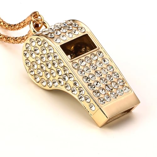 Metal Bling Crystal Rhinestone Whistles with Golden Chain Lanyard Shining Loud Sound Sports Gift Gear for Referees, Teachers, Officials, Basketball, Football Training(Gold)