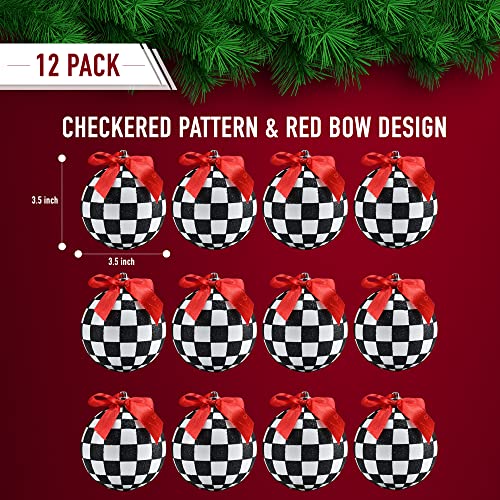 Ornativity Black And White Ornaments - Glittered Black And White Checkered Ball Ornament With Red Bow And String Christmas Tree Decoration Set - Pack Of 12 #TOP6