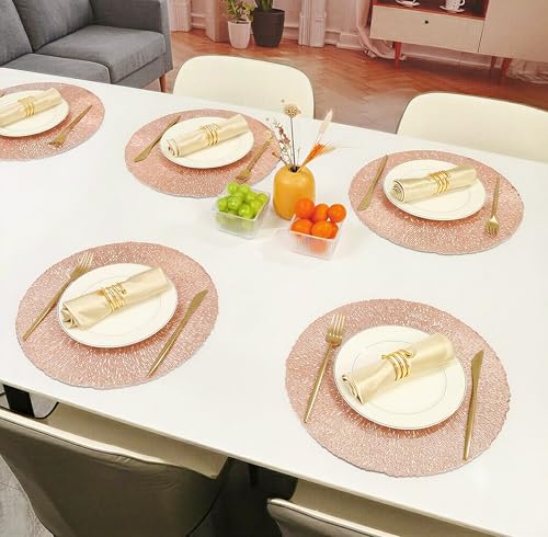 Image of Yellow Weaves 2 Pcs PVC Circle Weave Design Table Placemat, Dining Table Mat, Anti-Skid, Washable, Dining, Kitchen, Restaurant Table Set Easy to Clean, Durable (Rose Gold)