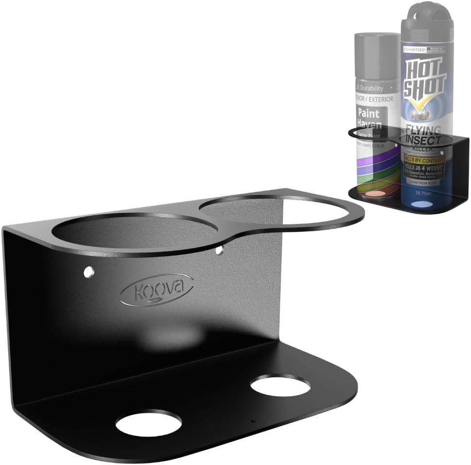 Koova X-Large Spray Can Rack - Fits 2 XL Aerosol Spray Cans, Heavy Duty Steel Wall Mount Organizer, Metal Utility Shelf for Home or Garage, Universal Fit, Paint Storage, Hardware Included, Made in USA