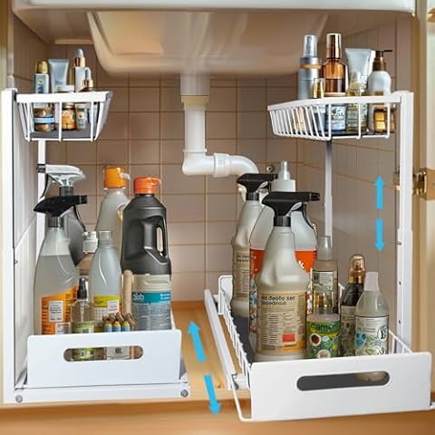 Under Sink Organizer and Storage, Height Adjustable Pull Out Cabinet Kitchen Sink Organizer 2 Tier Slide Out Sink Shelf Cabinet Storage Shelves, Under Sink Storage for Kitchen Bathroom Pantry Cabinet Cover